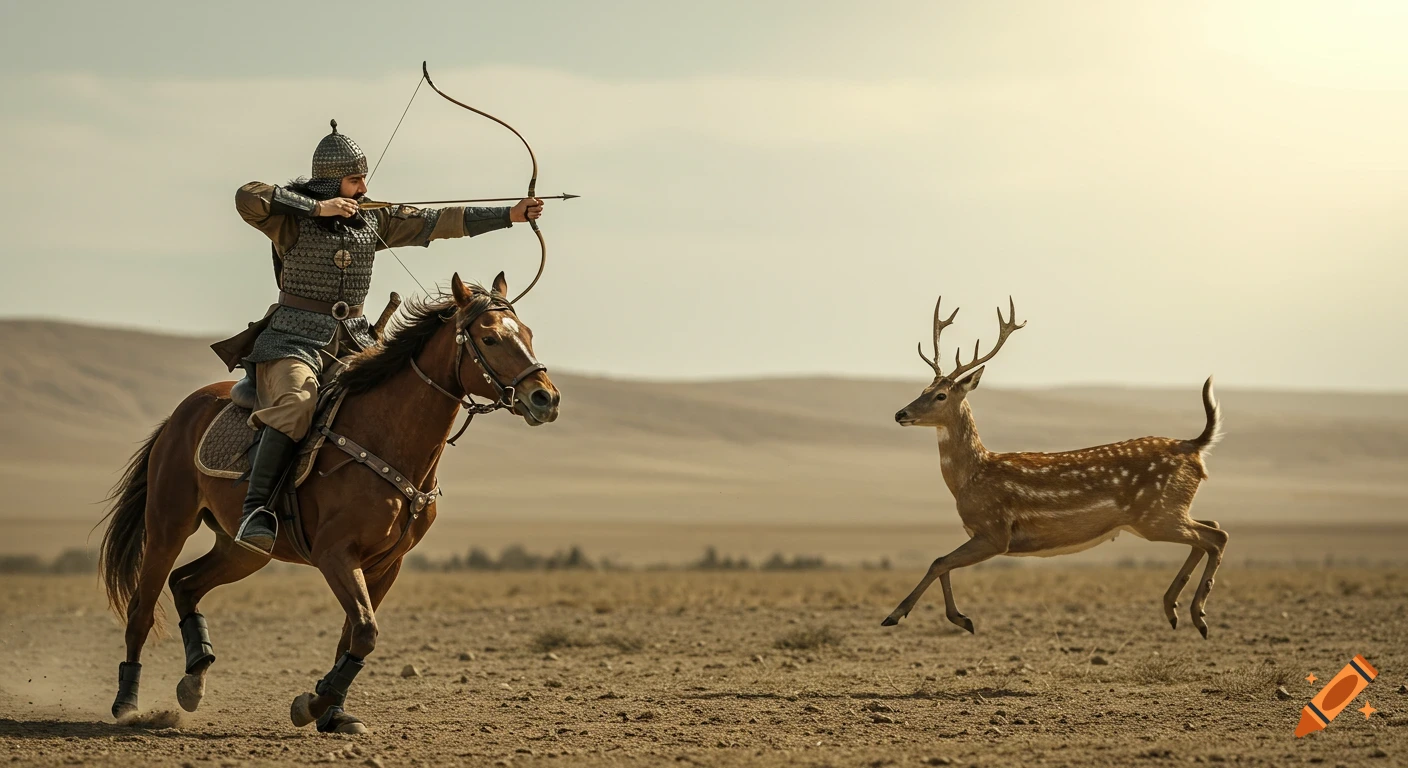 A photorealistic image of Bahram Goor-kani on horseback, aiming an arrow at a deer in an open historical plain.