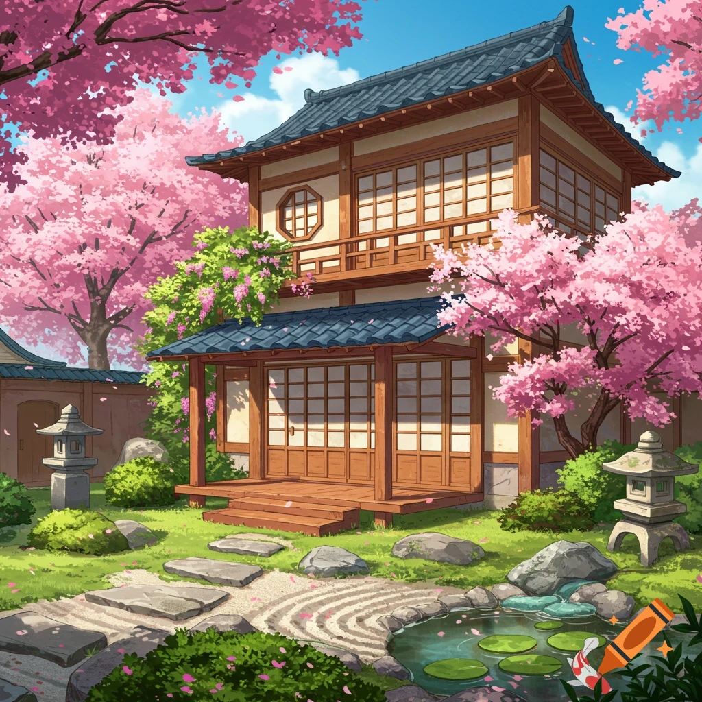Anime illustration of a traditional Japanese house surrounded by pink cherry blossoms, a serene rock garden, and a koi pond.