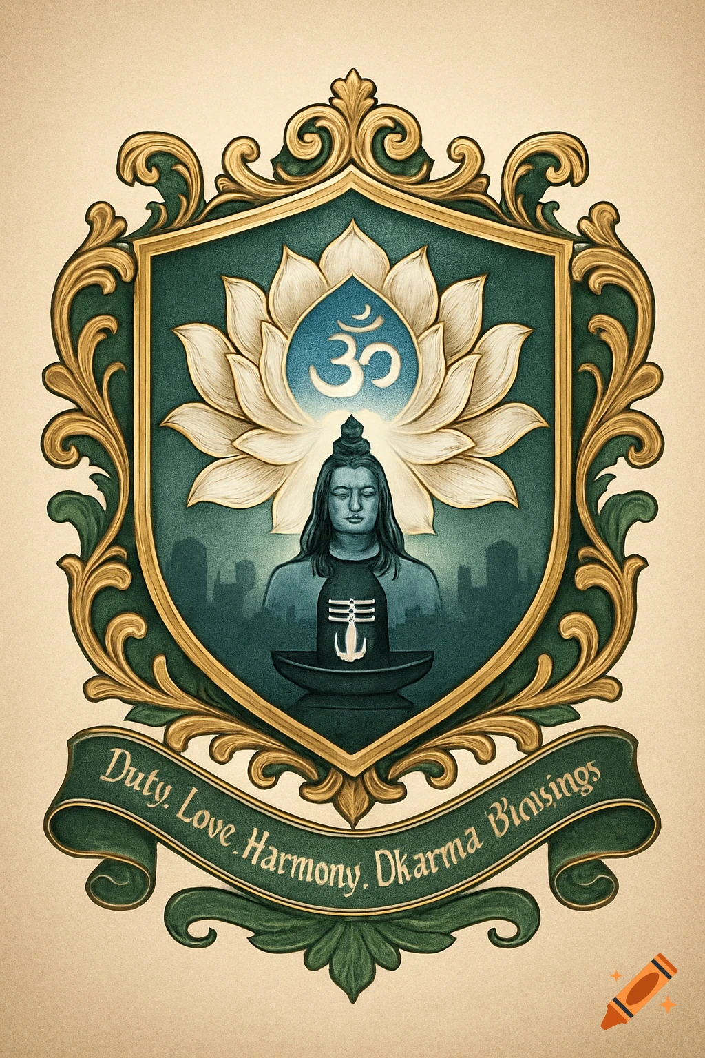A decorative family crest with a teal shield framed in gold. Inside, a blue-skinned Shiva, a white lotus, and a white Om symbol, with a city silhouette behind Shiva. A green banner below reads, "Duty. Love. Harmony. Dharma. Biassings."