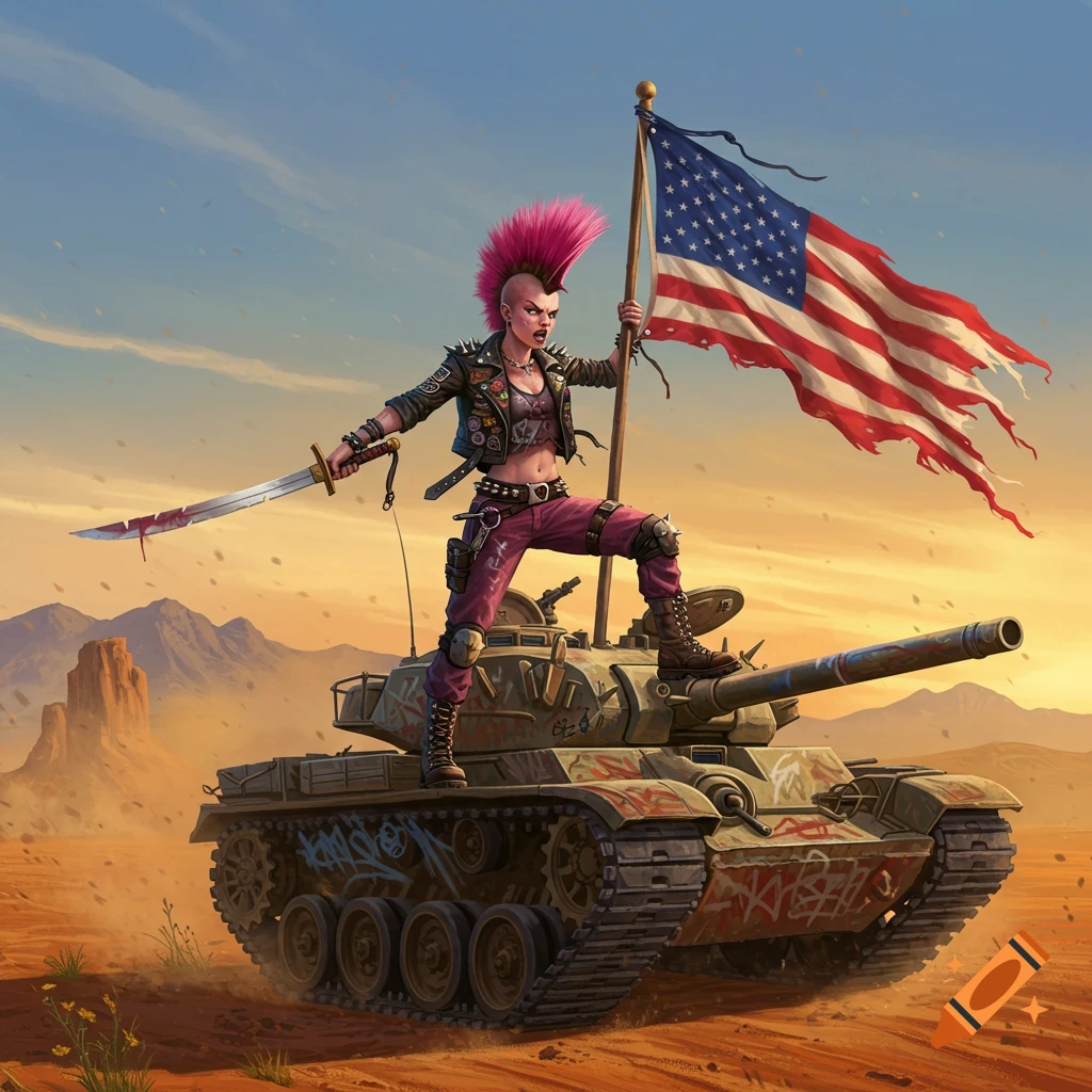 A pink-haired punk woman stands on a tank in a desert, holding a bloody sword and a tattered American flag. Digital illustration.