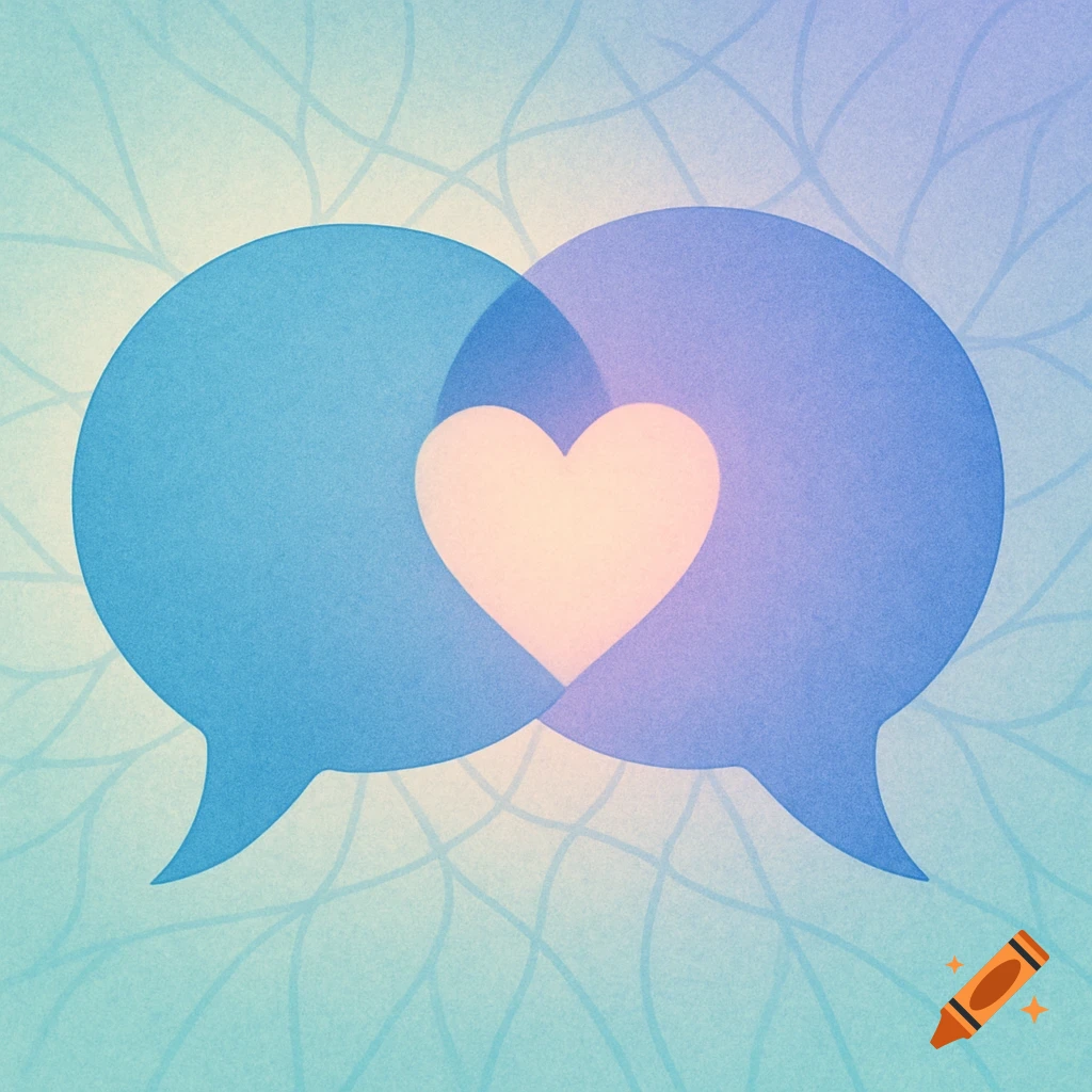 Stylized illustration of two overlapping blue speech bubbles forming a glowing pink heart, on a soft blue and green organic background.