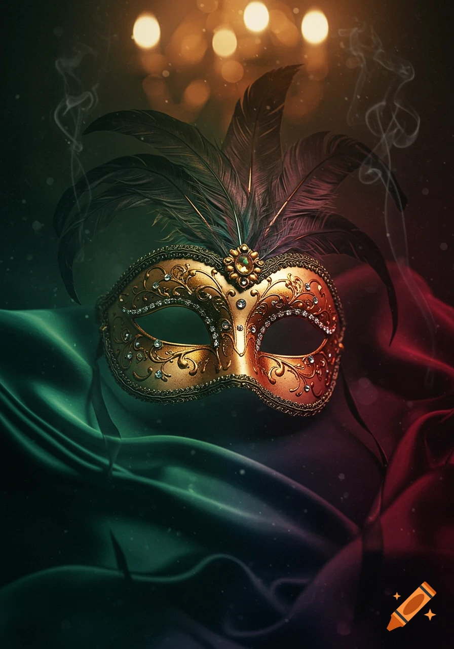 Ornate golden masquerade mask with jewels and dark feathers on draped green and red satin, with bokeh lights.