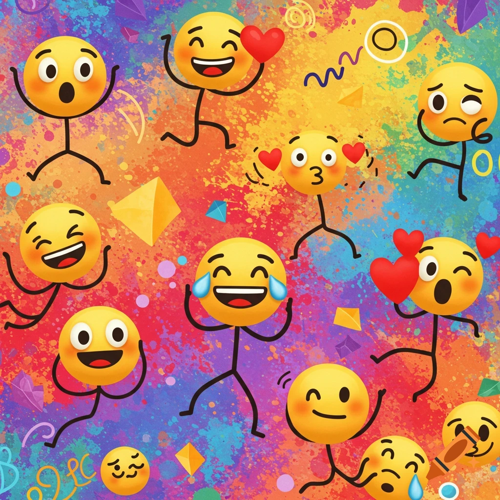 A vibrant, colorful background filled with various stickman emojis expressing different emotions, alongside abstract geometric shapes.