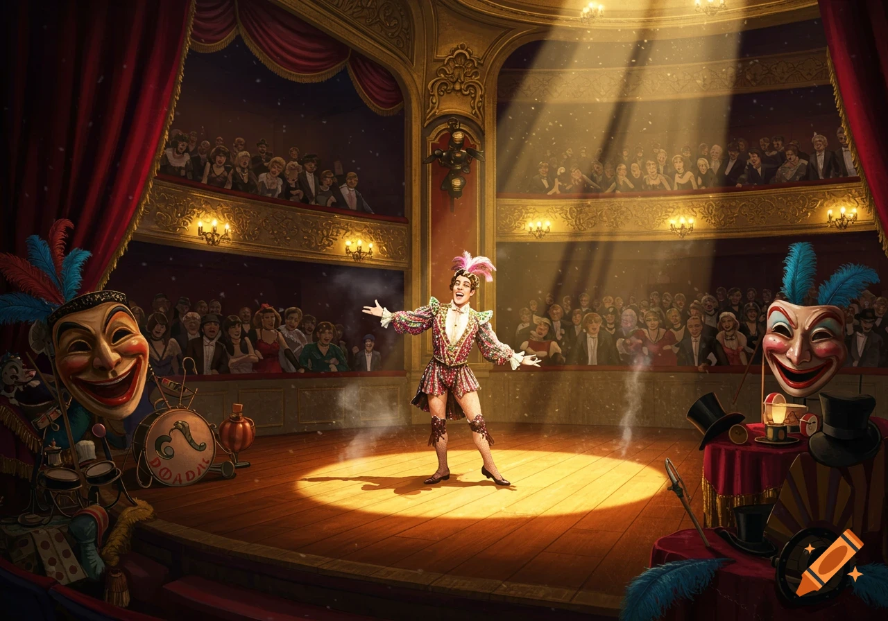 A flamboyant performer in a spotlight on a grand theater stage, with a full audience and theatrical masks as props.