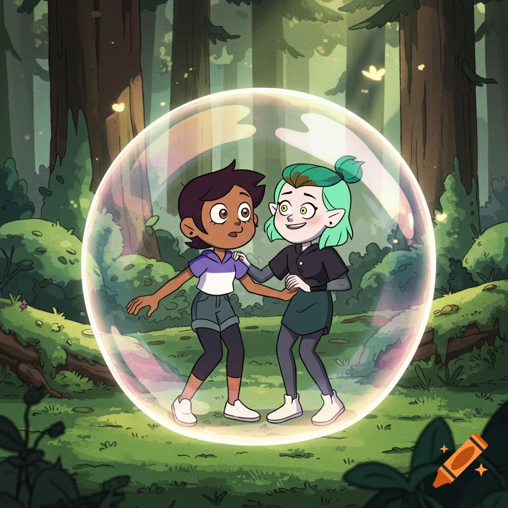 Luz and Amity from The Owl House stand surprised inside a large bubble in a magical forest, in an animated style.