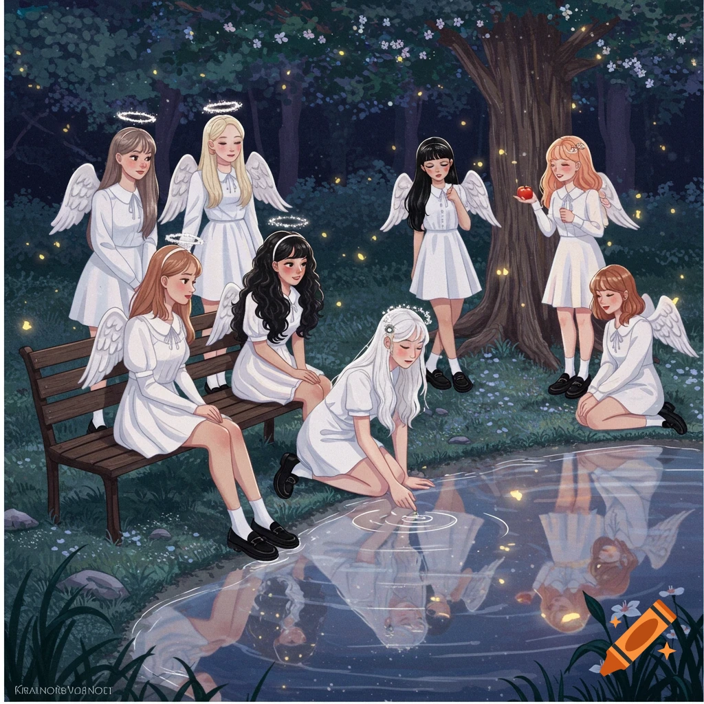 Seven K-pop inspired girls with angel wings and halos in white dresses in a magical forest by a glowing lake. Dreamy illustration.