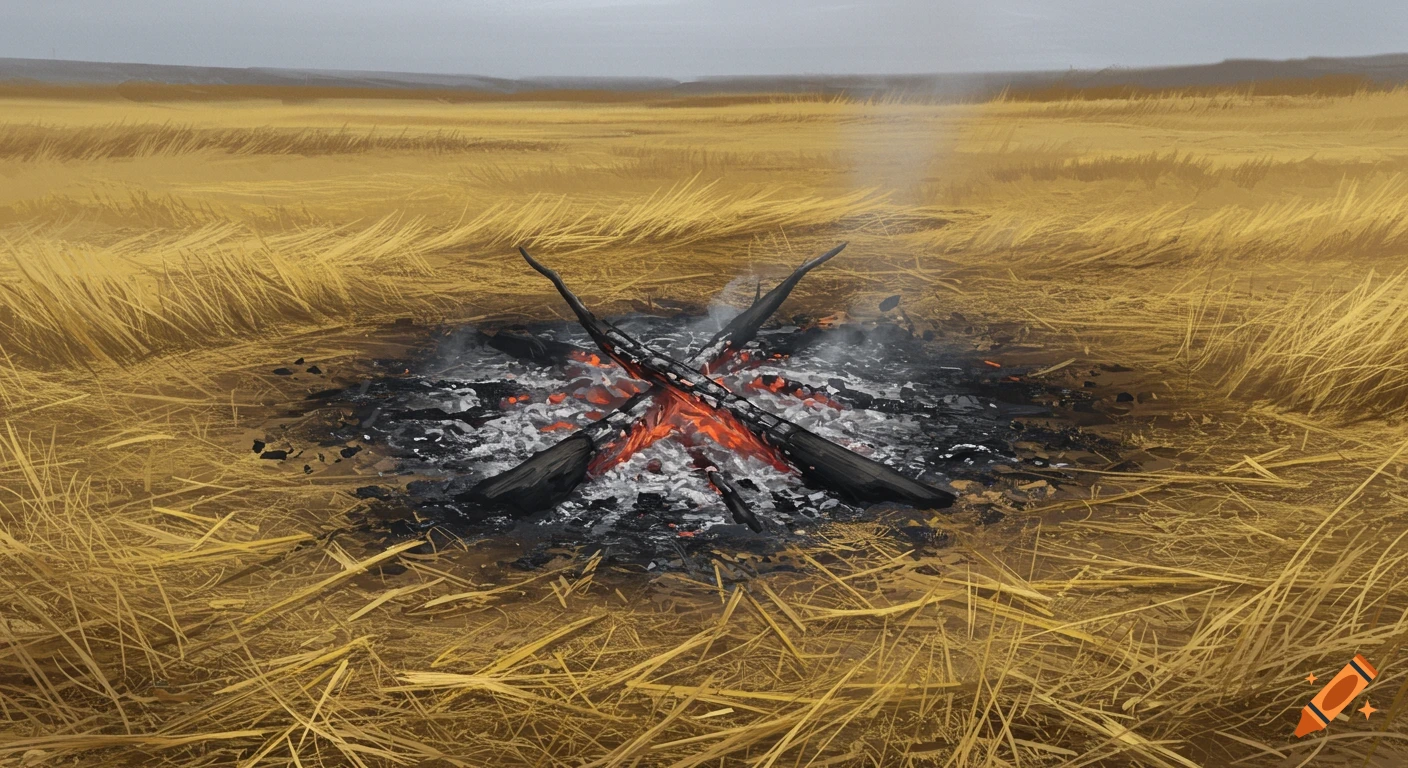 A digital painting of an extinguished campfire with glowing embers and charcoal in a dry, yellow grass landscape under an overcast sky.