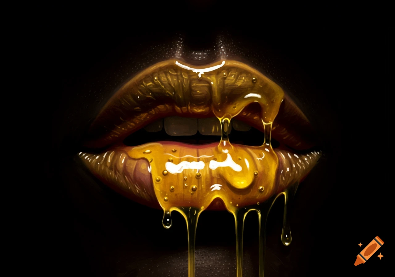 Close-up of golden honey dripping over lips on a dark background, with a glossy, artistic finish.