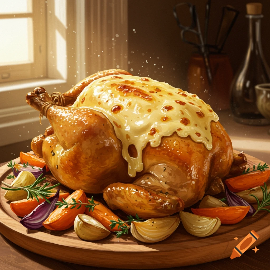 A glistening roasted chicken topped with melted cheese, surrounded by roasted vegetables on a wooden platter.