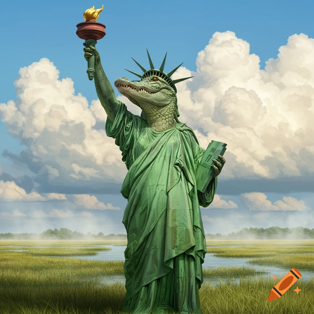 A realistic alligator dressed as the Statue of Liberty, holding a torch and a tablet, standing in a grassy swamp under a cloudy sky.