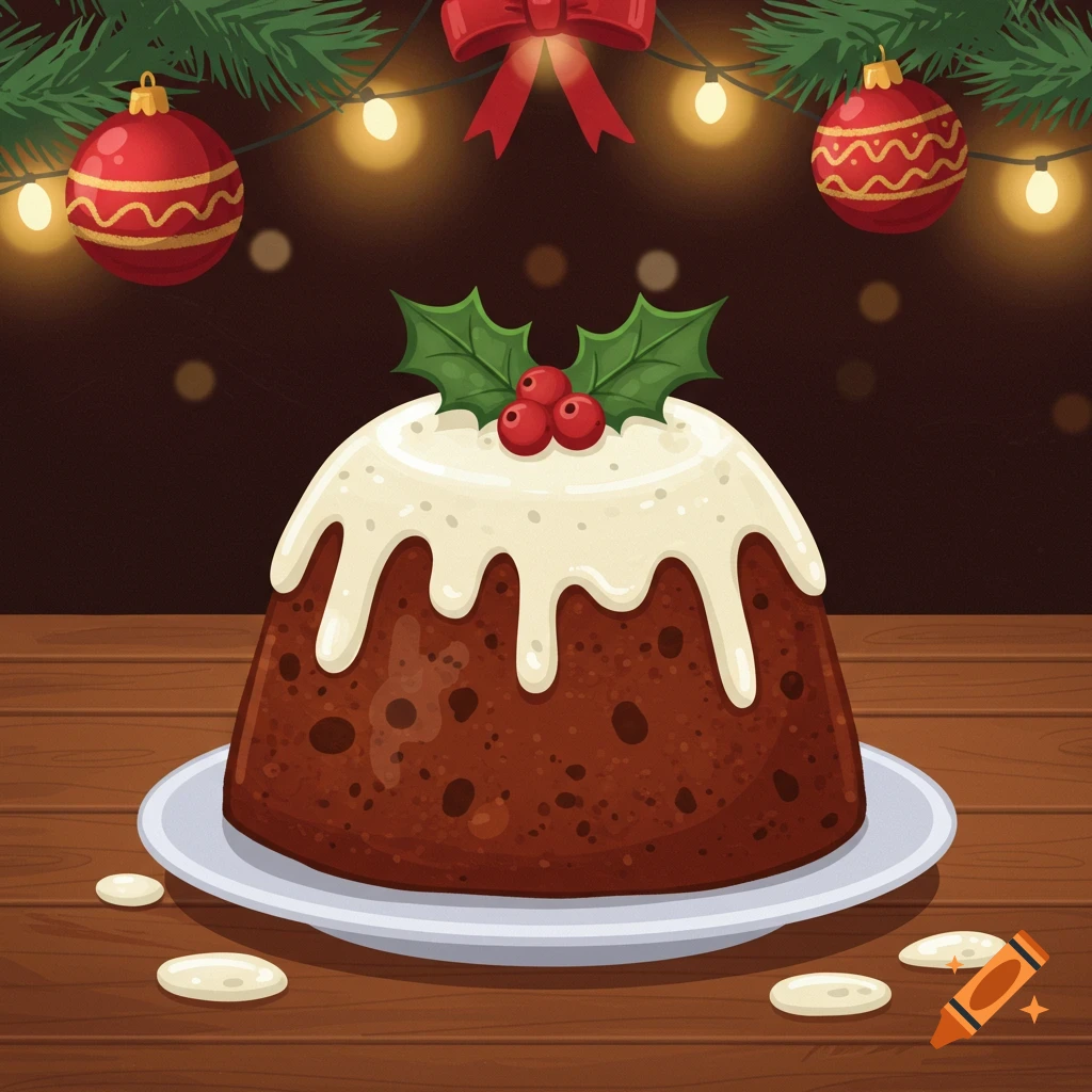 Cartoon Christmas pudding with white icing and holly on a plate, surrounded by festive lights and pine branches.