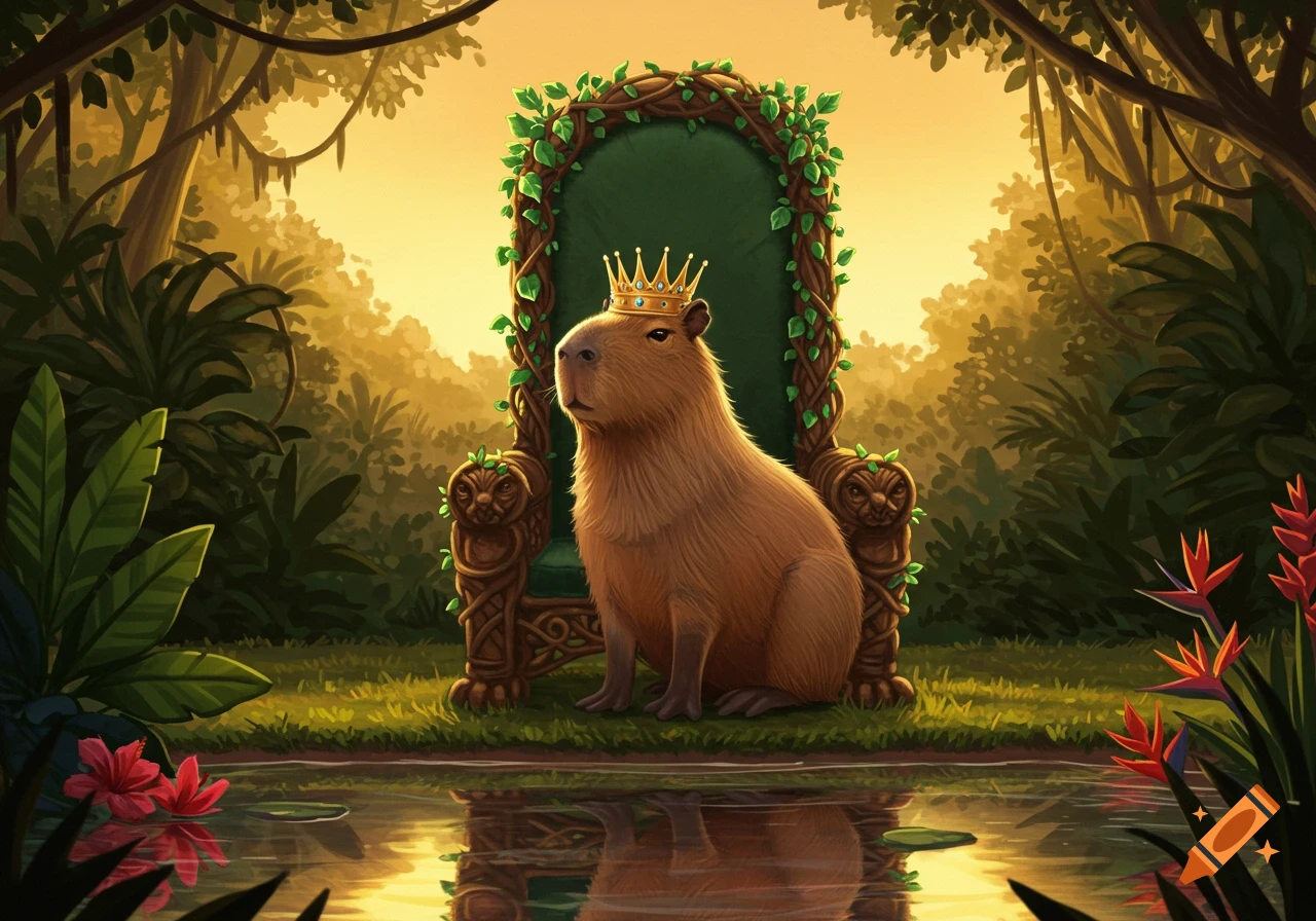 A capybara king with a gold crown sits on a vine-covered throne in a lush jungle clearing with a reflective pool.