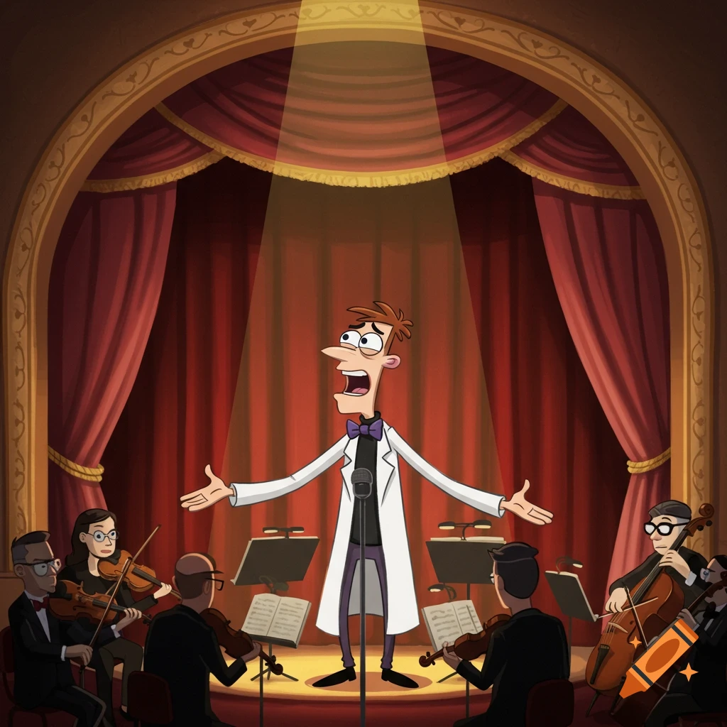 Dr. Doofenshmirtz sings on a brightly lit stage with an orchestra playing around him in a cartoon style.