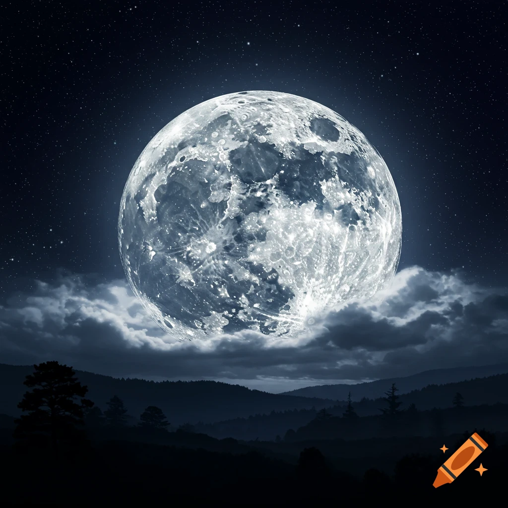 A bright full moon illuminates dark, layered mountains and clouds under a starry night sky.