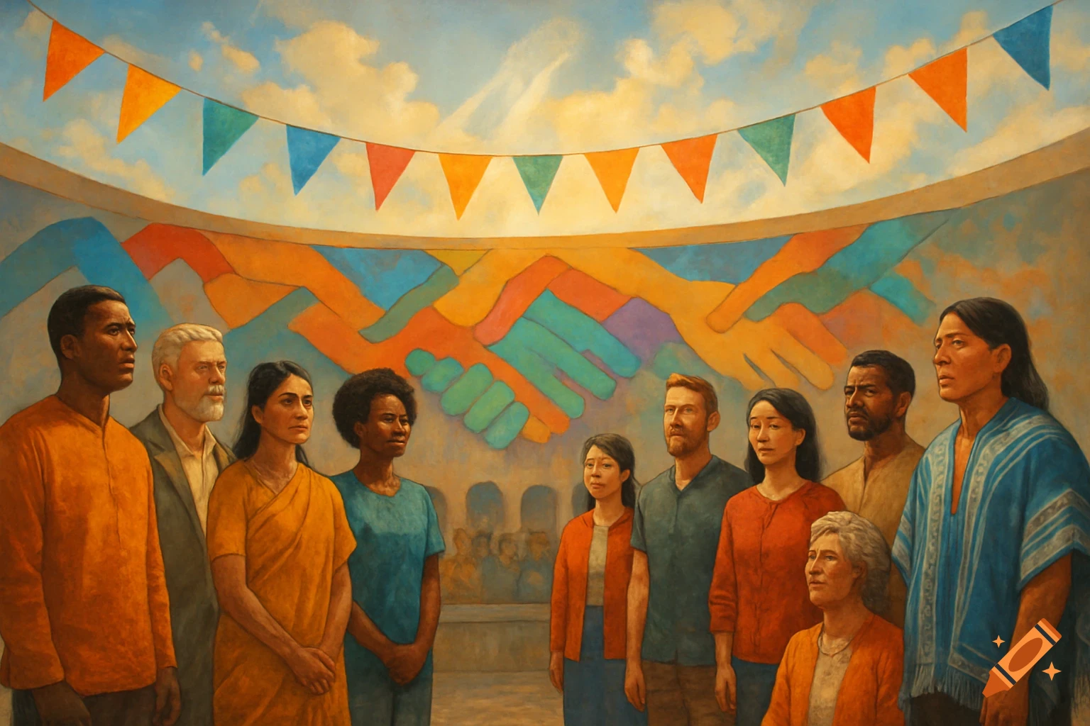 A diverse group of people stands before a colorful mural of clasped hands and a string of banners under a sky. Painterly style.