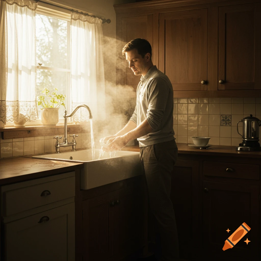 A man washes dishes at a kitchen sink, with sunlight streaming through a window.
