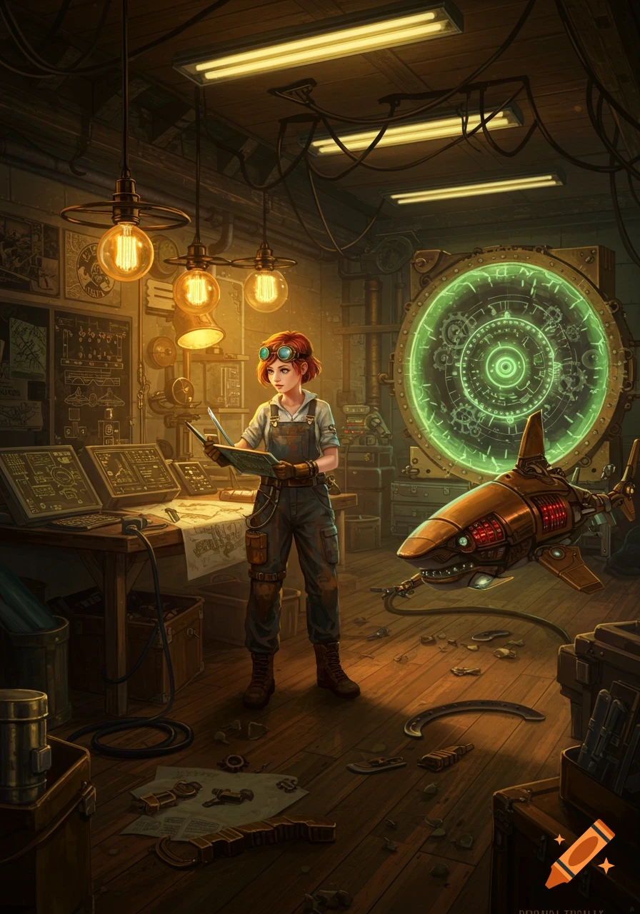 A steampunk/cyberpunk workshop with a red-haired girl in overalls and goggles examining a blueprint, next to a glowing time portal and a robotic shark.