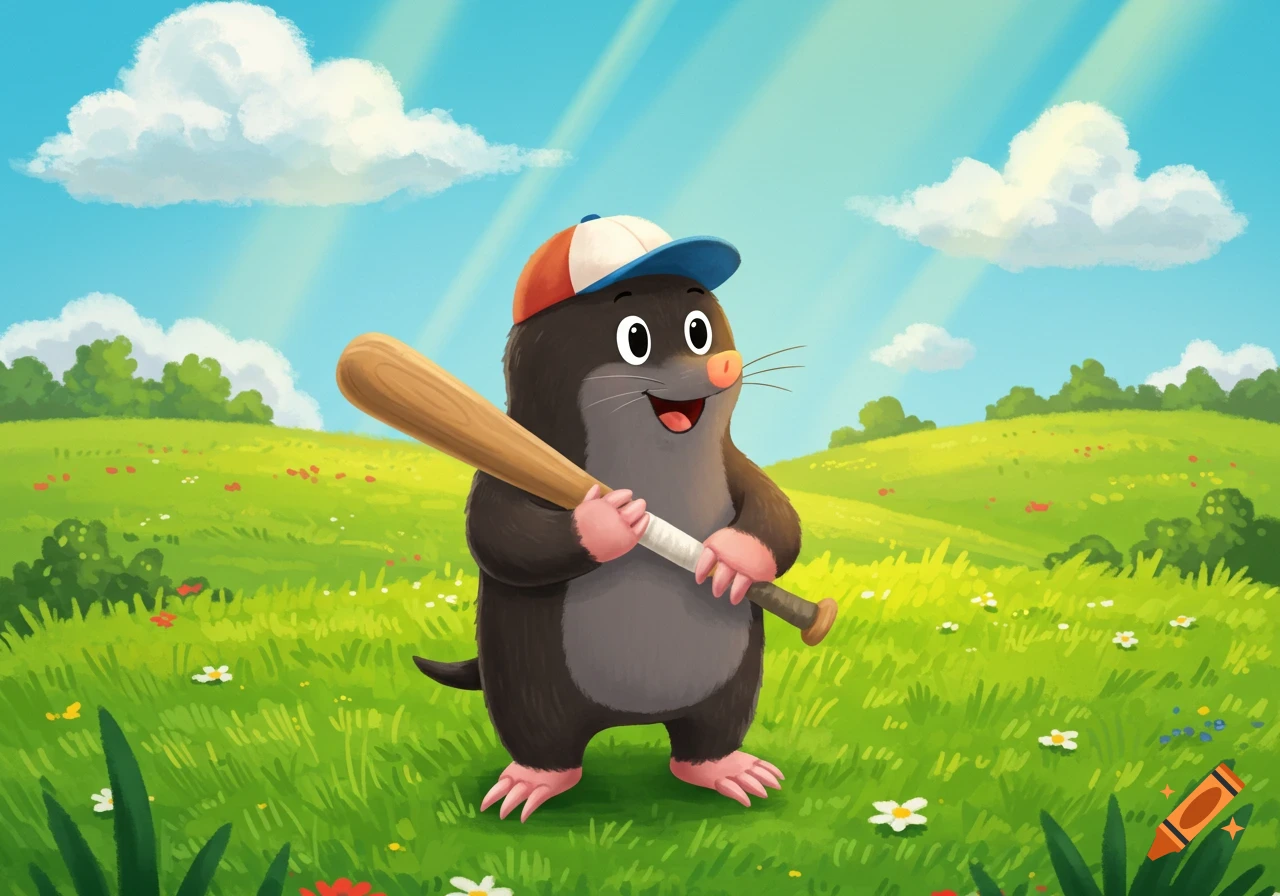 A cheerful cartoon mole wearing a cap stands on a grassy field, holding a baseball bat, in a children's book illustration style.