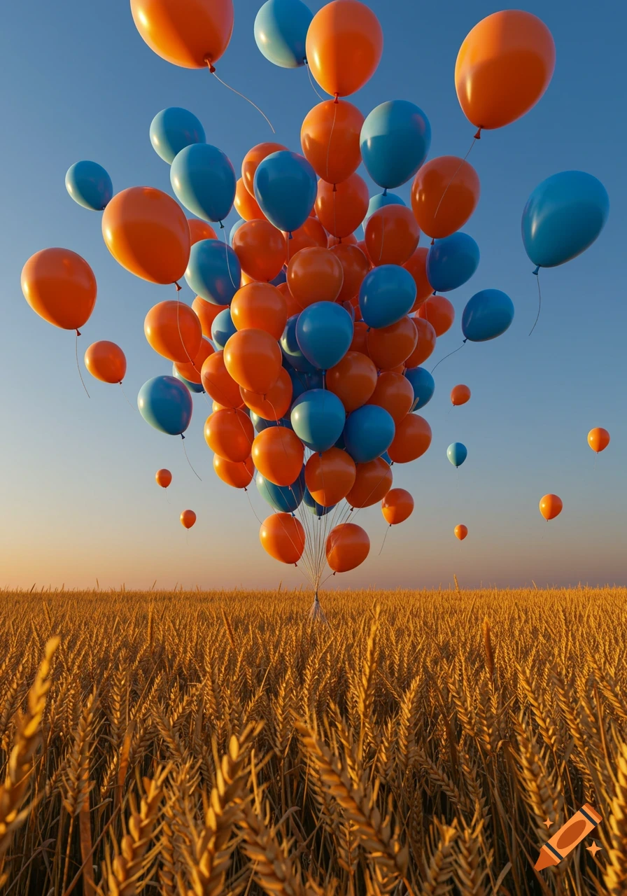 A large cluster of orange and blue balloons floats above a golden wheat field under a clear blue sky at sunset.