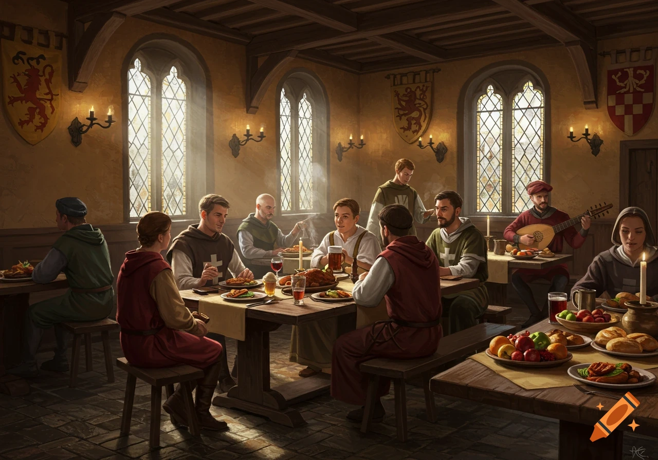 Medieval patrons feast in a warm, detailed tavern with arched windows and heraldic banners.