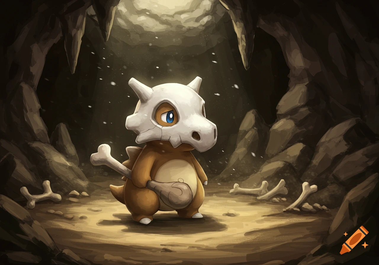 A digital illustration of the Pok oemon Cubone standing in a dark cave, holding a bone, with more bones scattered on the ground.