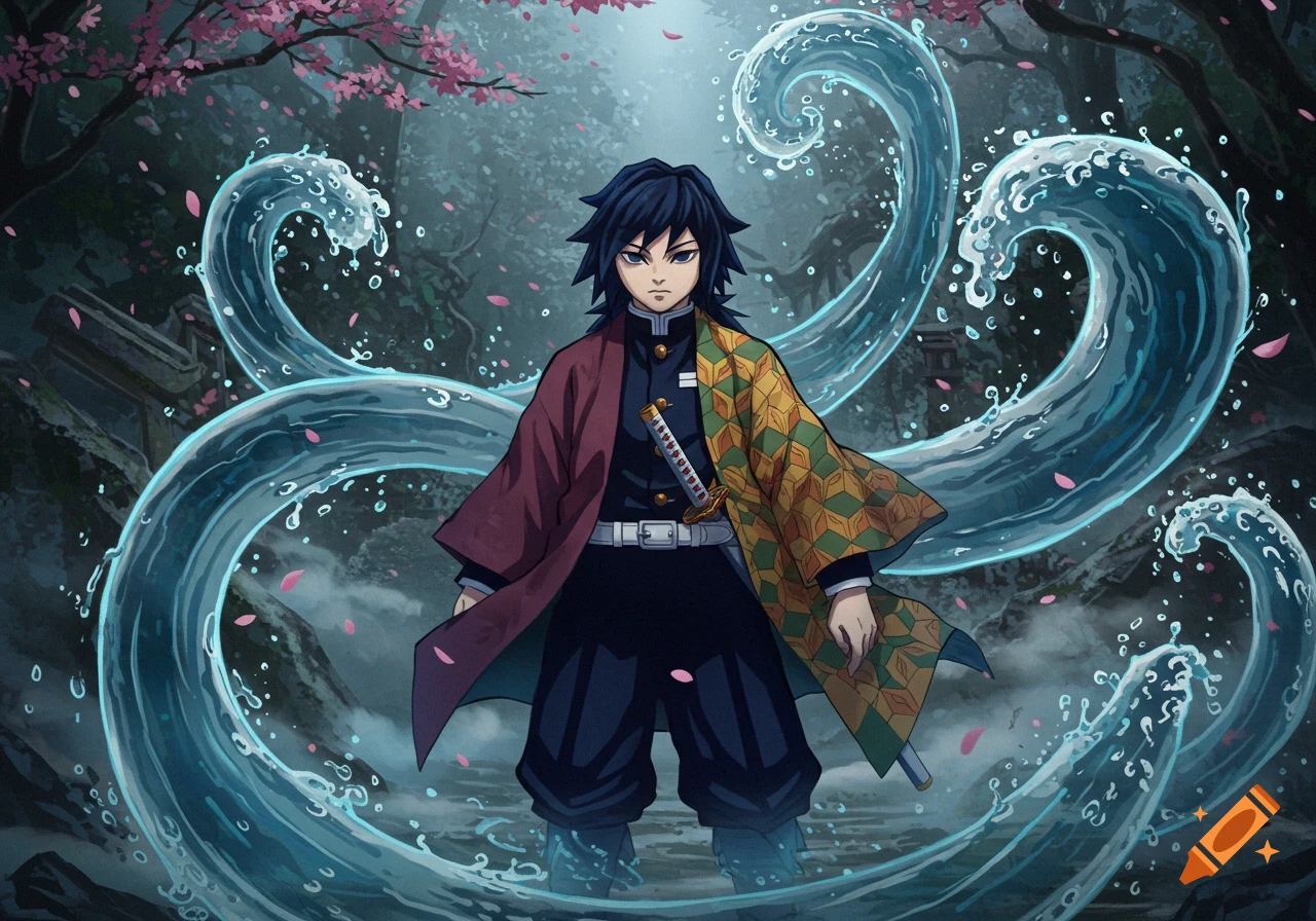 Anime style Giyu Tomioka from Demon Slayer standing in a forest with cherry blossoms and swirling blue water effects.