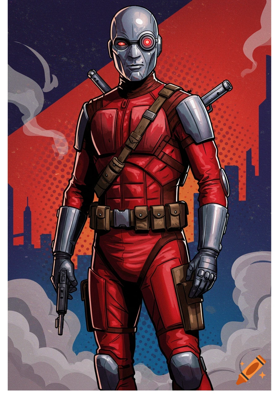 Deadshot in a red and grey comic book suit, holding a handgun, against a pop art background of a city skyline.