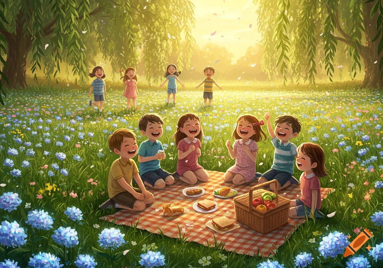 Happy children have a picnic in a sun-drenched field filled with blue and pink flowers under willow trees, illustration.