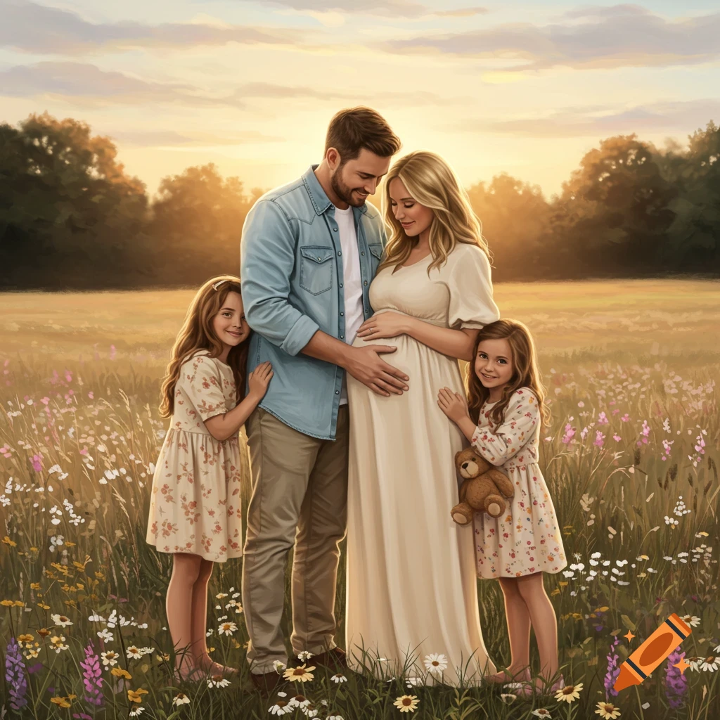 A painted family portrait of a pregnant mother, father, and two young daughters standing in a field of wildflowers at sunset.
