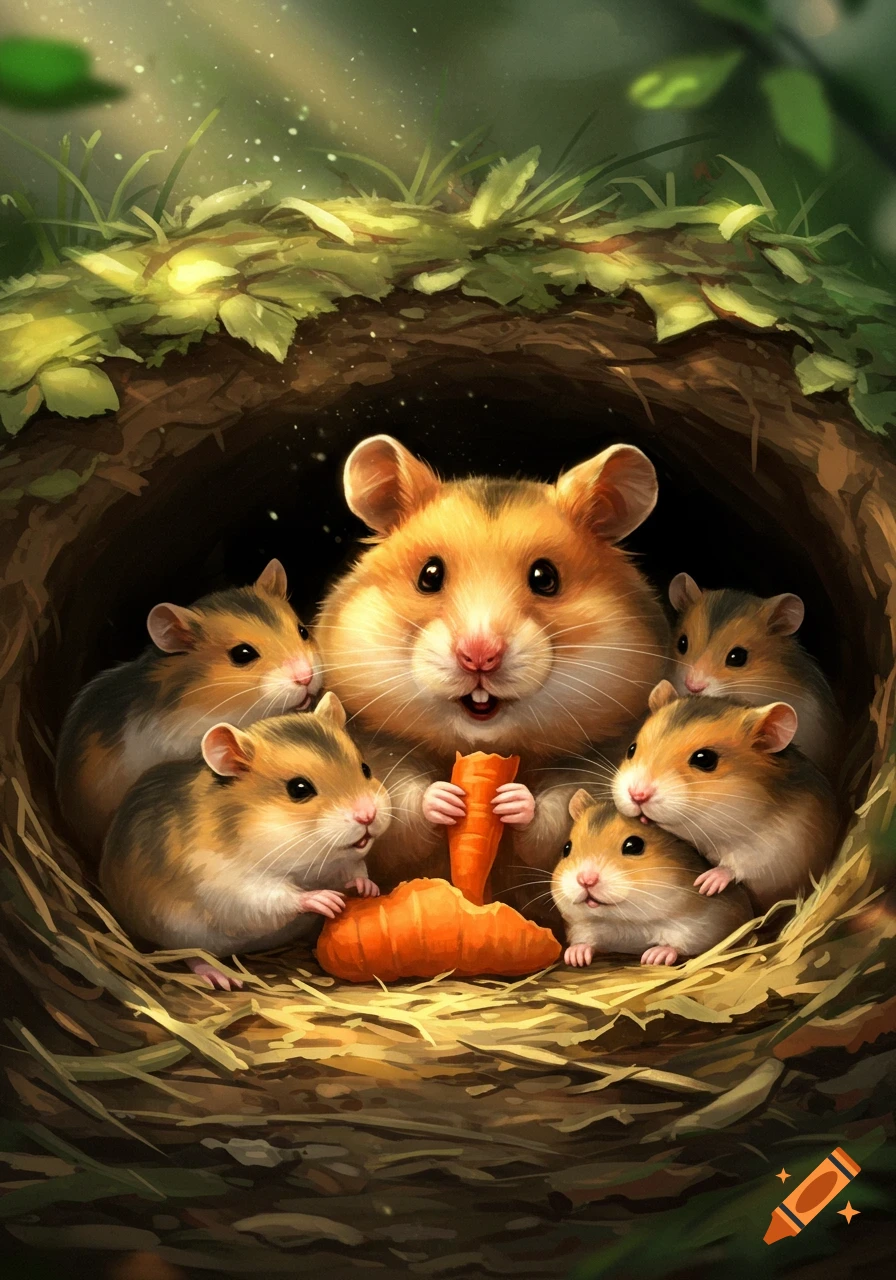 A family of cute hamsters in their burrow, with the largest hamster holding a carrot.