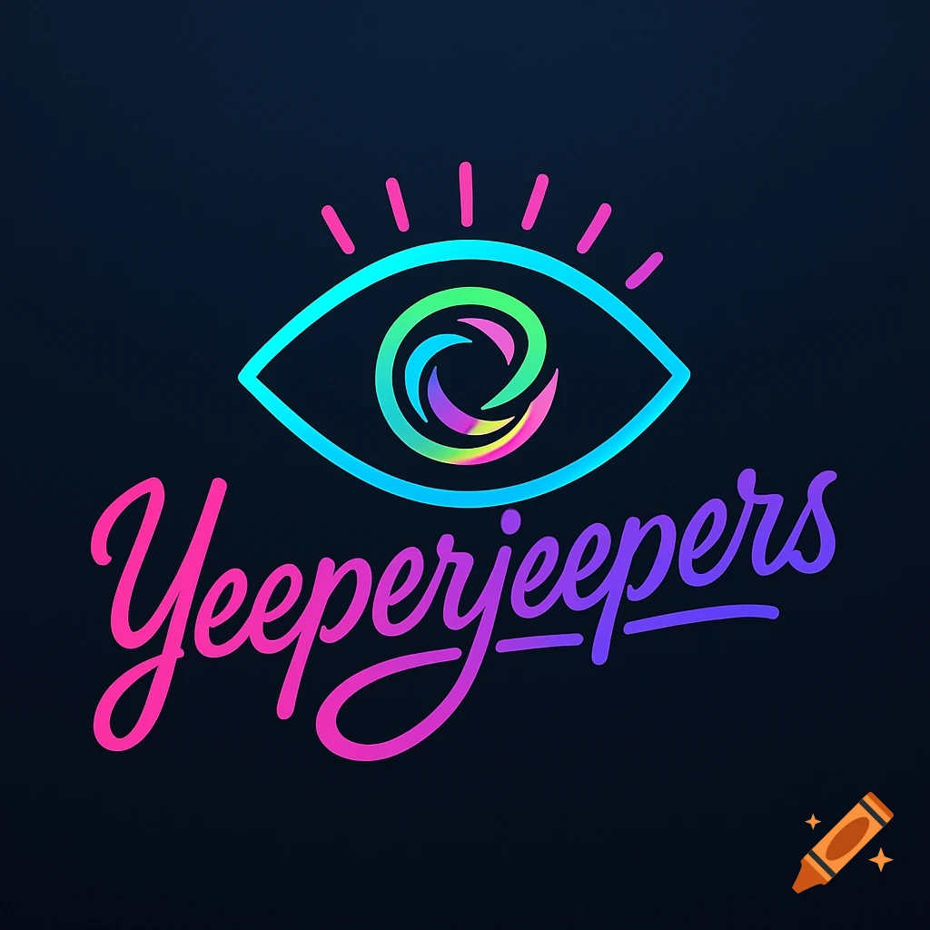 Neon gradient 'Yeeperjeepers' logo with a stylized eye icon on a dark background.