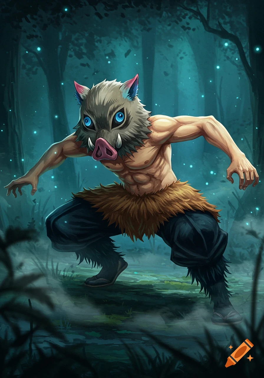 Anime illustration of Inosuke from Demon Slayer in a dynamic pose, wearing a boar mask and furry loincloth, in a glowing forest.
