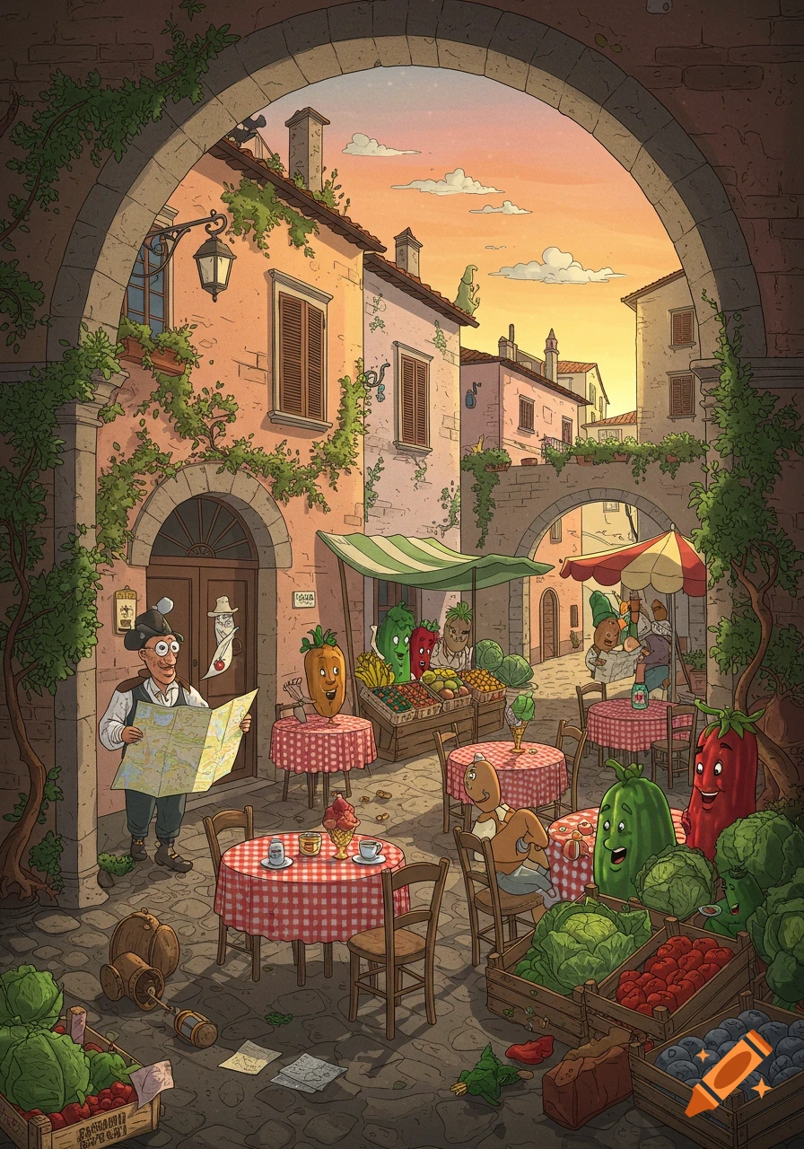 A colorful cartoon illustration of an Italian village street market with anthropomorphic vegetables and a man holding a map.