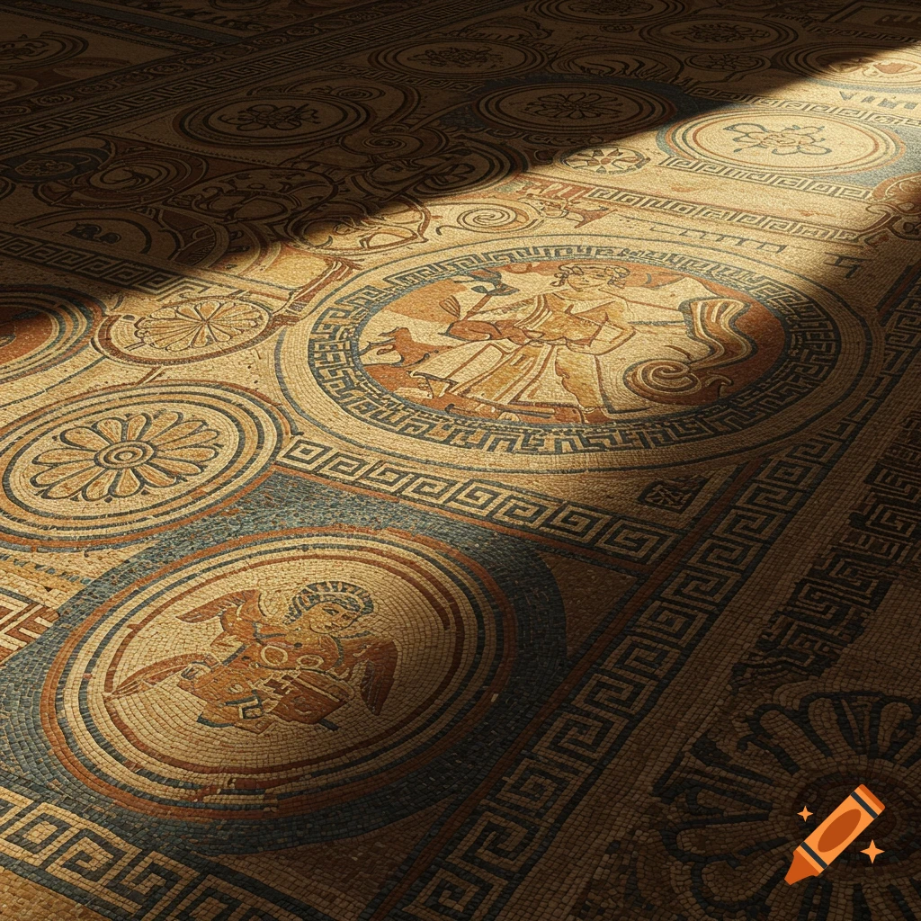 Sunlit ancient Greek mosaic floor with intricate geometric patterns and classical figures.