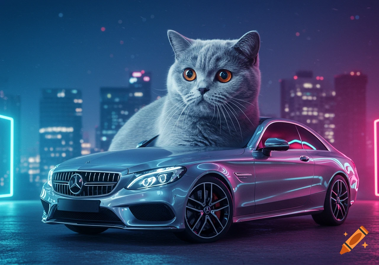 A giant grey British Shorthair cat sits on a sleek silver Mercedes car at night, lit by neon pink and blue city lights.