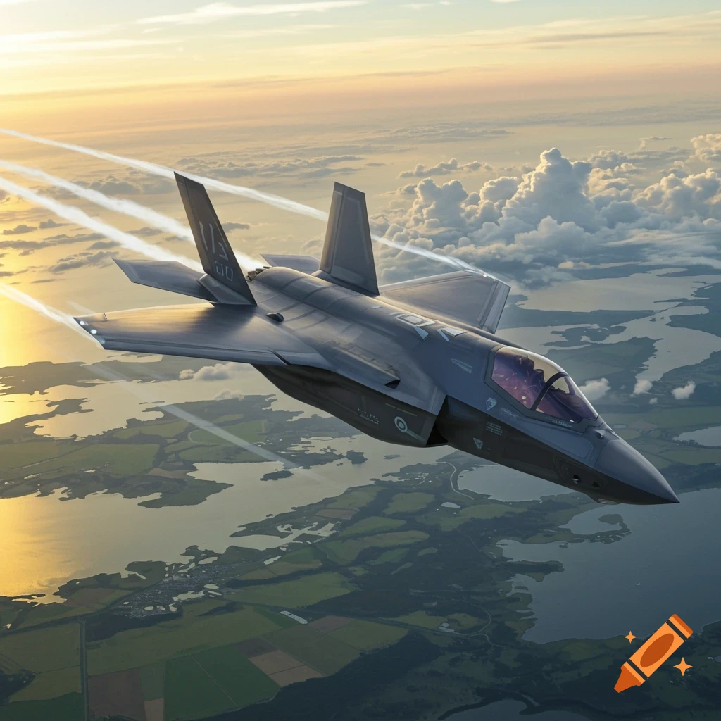 An F-35 fighter jet flies high over a landscape of water and land with a sunset sky and clouds, leaving contrails.