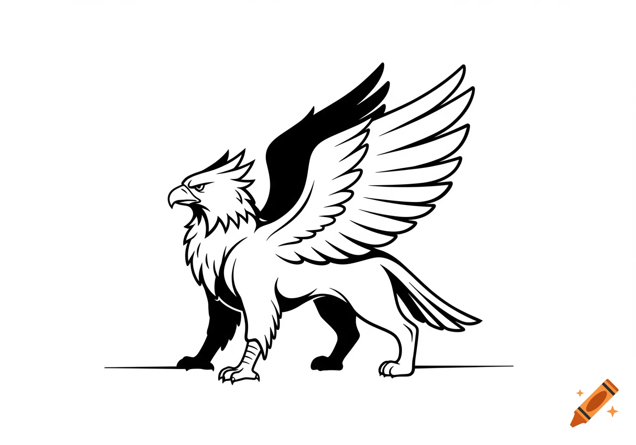 Black and white line art illustration of a griffin with spread wings, standing.