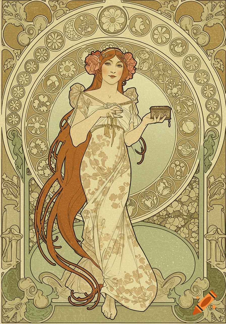 Art Nouveau illustration of a woman with long flowing hair, wearing a floral dress and holding a decorative box, framed by ornate patterns in vintage colors.