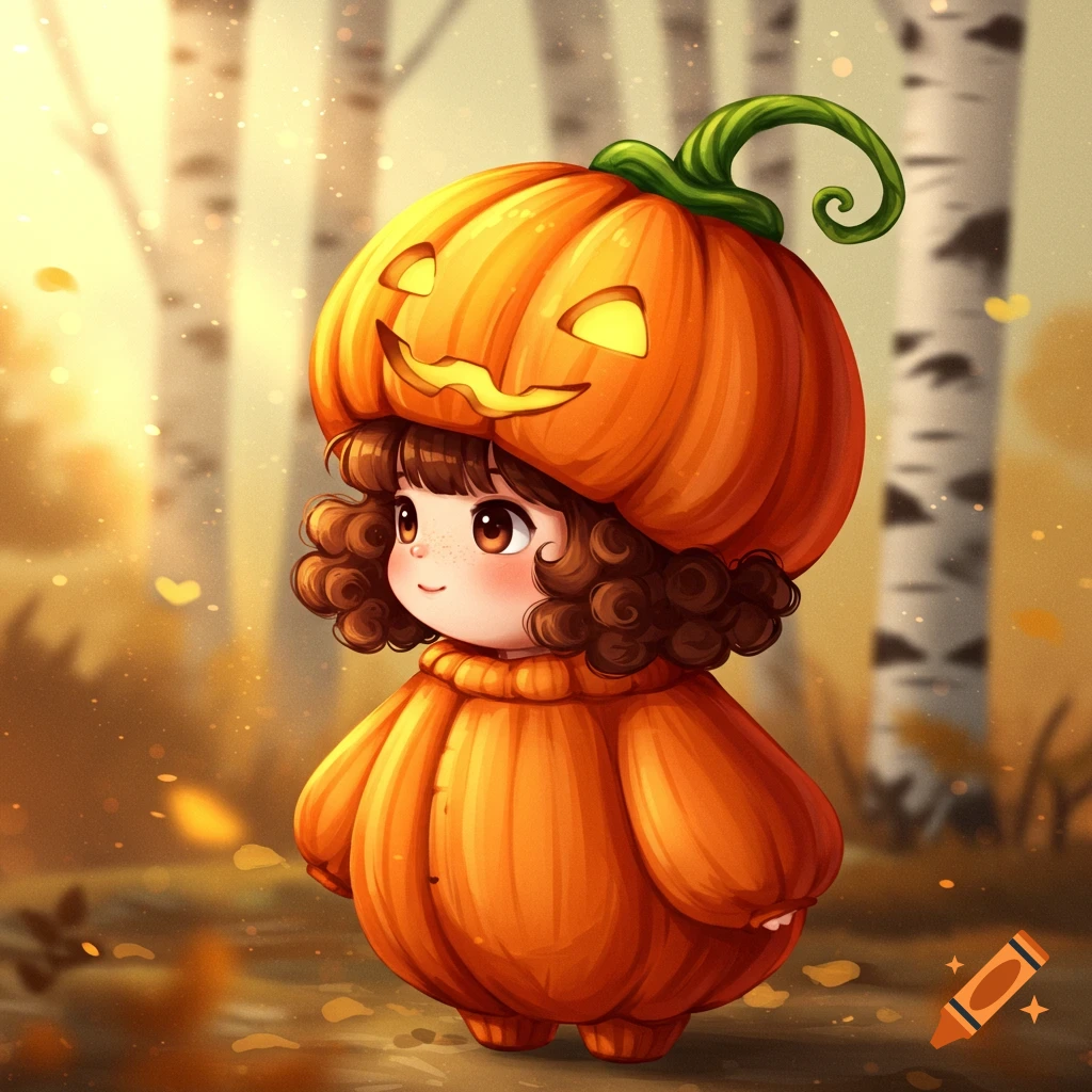 Cute chibi character in a pumpkin costume with curly brown hair in an autumn forest setting.