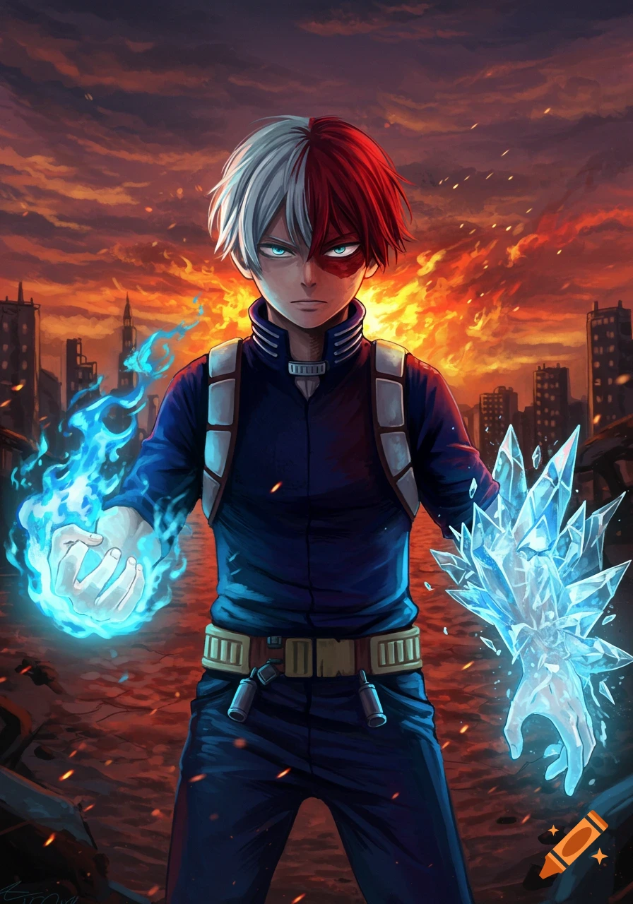 Shoto Todoroki from My Hero Academia wields blue fire and ice amidst a fiery, ruined cityscape under an orange sky in an anime style.