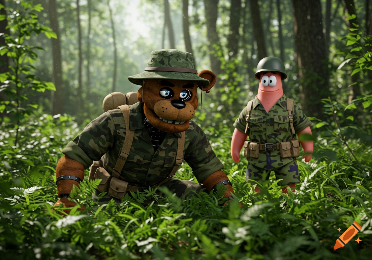 Freddy Fazbear and Patrick Star in military camouflage in a dense jungle, Freddy crouching while Patrick stands.