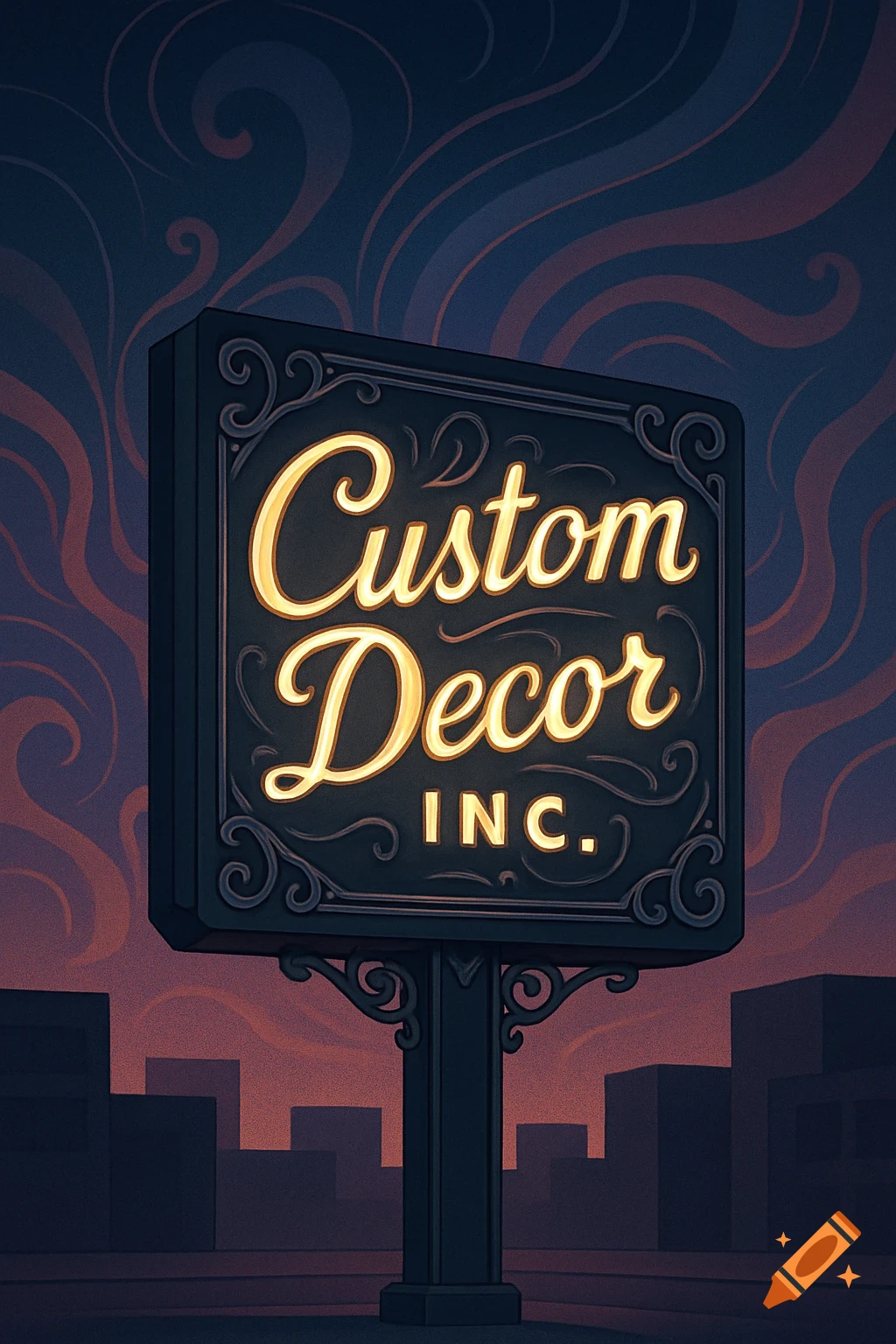 A glowing 'Custom Decor INC.' sign with ornate details against a stylized, swirling evening sky and city silhouette.