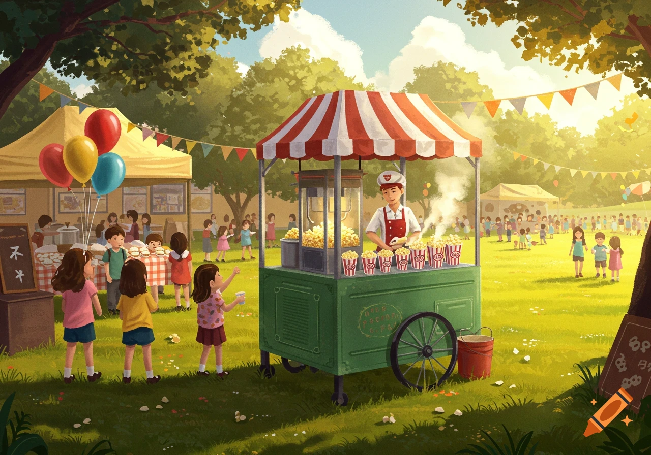 A vibrant illustration of a school event with a green popcorn stand, a vendor, and many children playing in a sunny park with other tents and balloons.