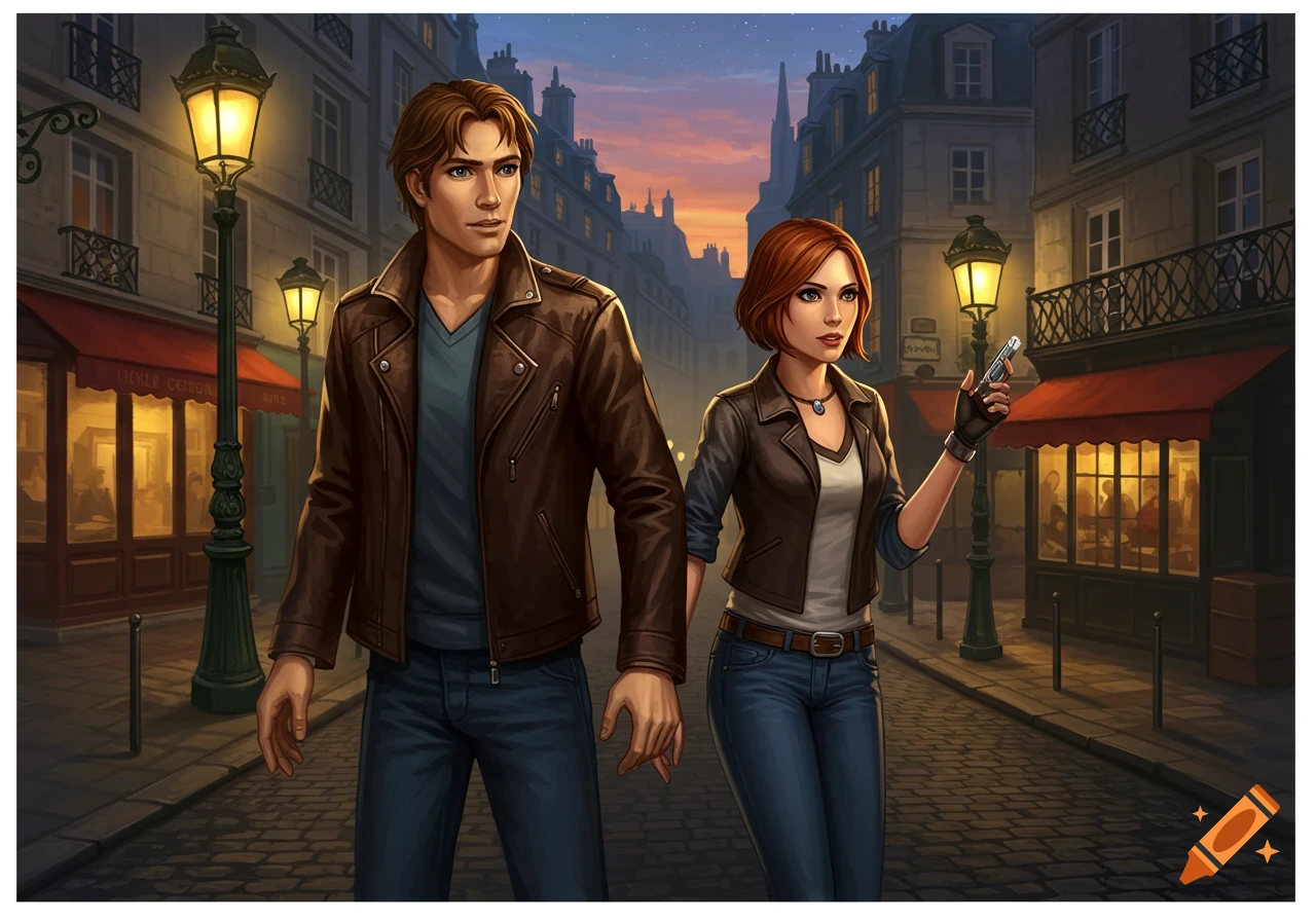 A man and woman in jackets walk down a cobbled street lined with old European buildings and glowing streetlights at dusk, in an illustrative style.