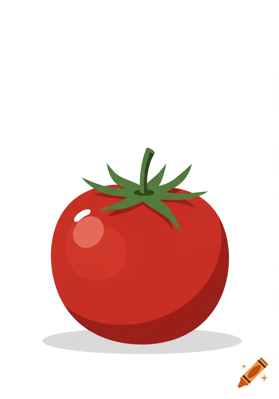 A simple red illustrated tomato with a green stem and leaves, casting a shadow on a white background.