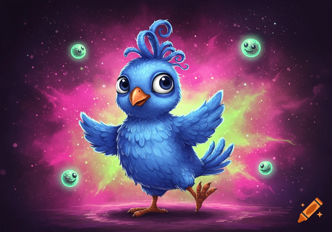 A silly blue cartoon bird with big eyes on a vibrant pink and purple starry background with green smiley orbs.
