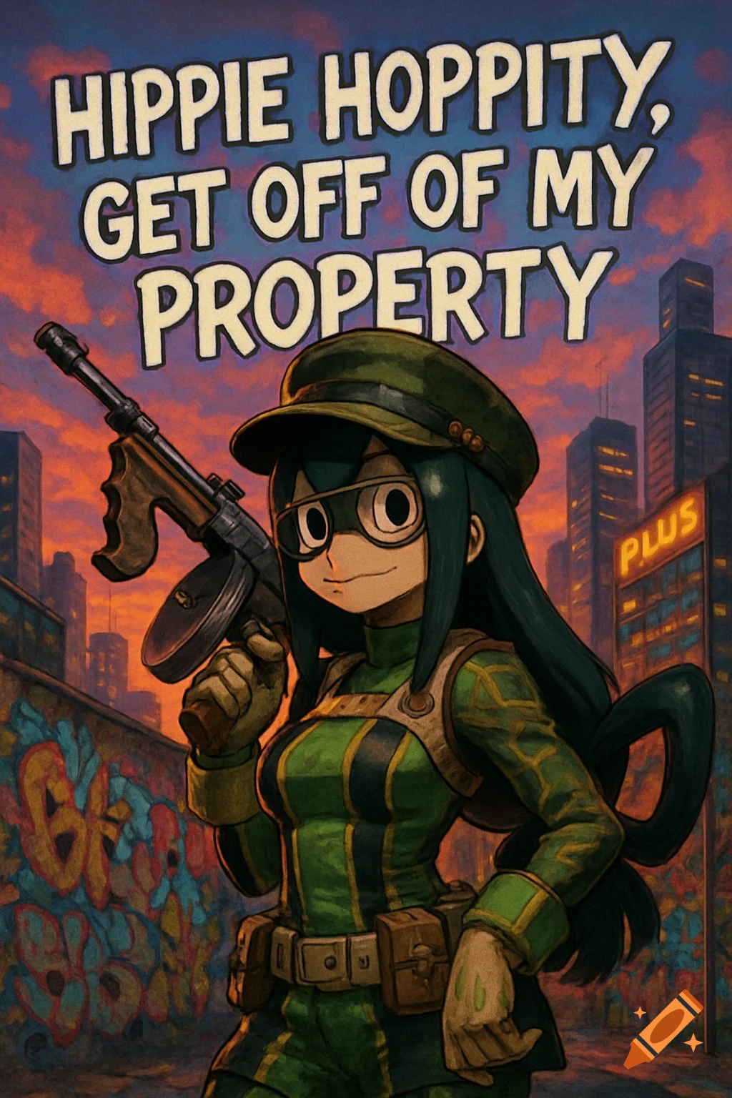 Anime character Tsuyu Asui in green uniform holding a Tommy gun in a city at sunset, with the text 'Hippie Hoppity, Get off of my property'.