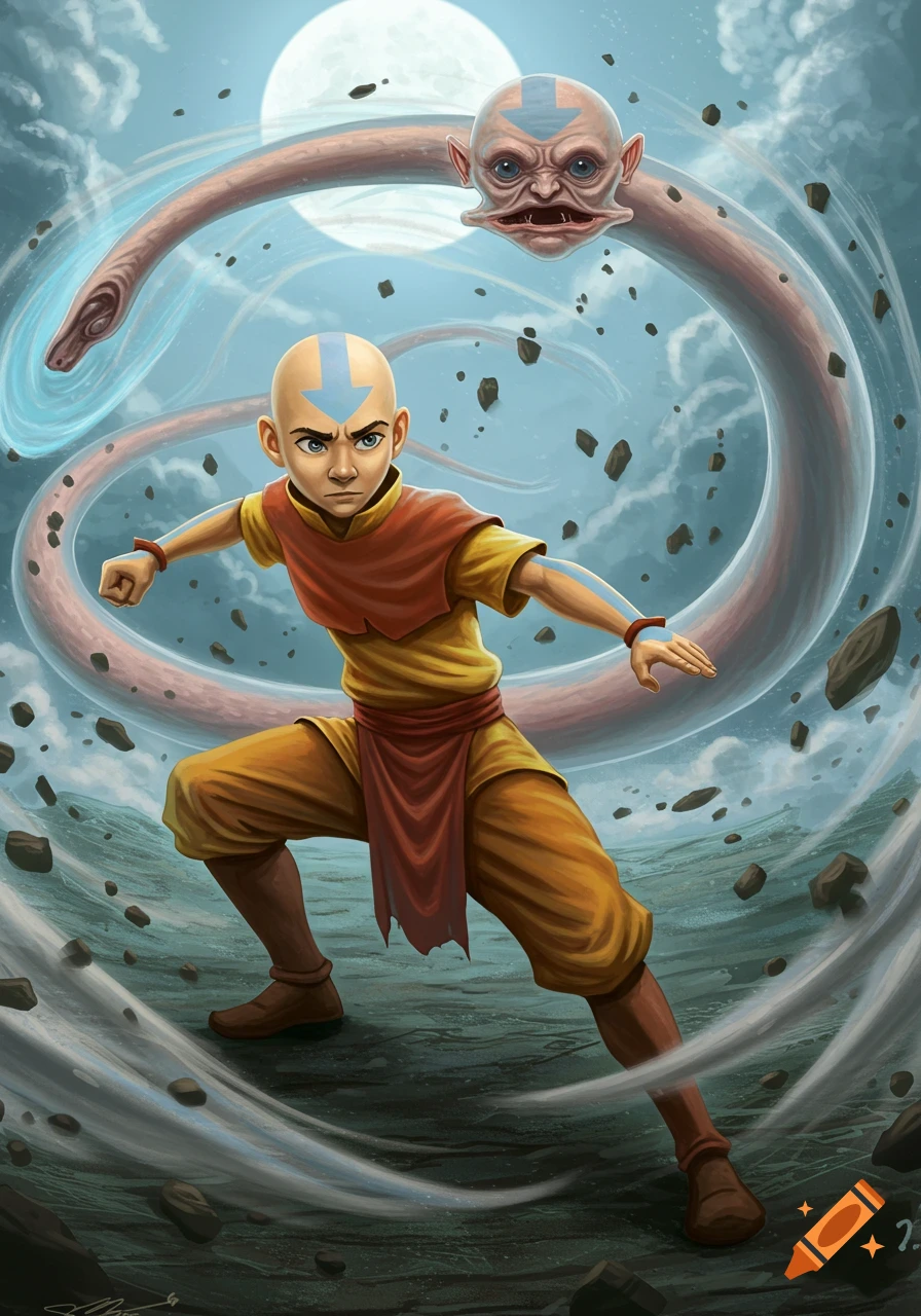 Avatar Aang channeling wind, with a monstrous human-skinned tail with a mouth behind him, under a full moon.