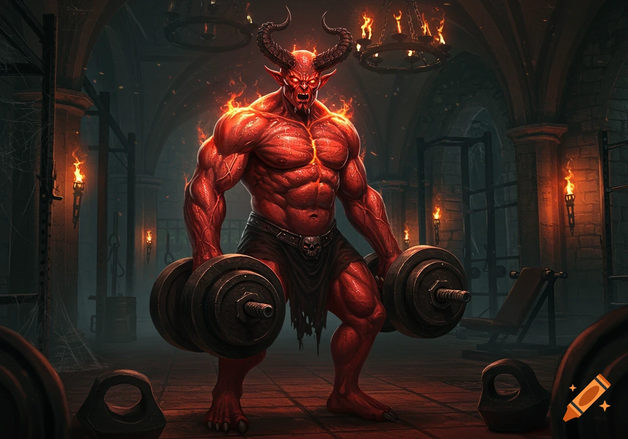 A muscular red demon with horns lifts heavy dumbbells in a dark, torch-lit gothic gym, fantasy art style.