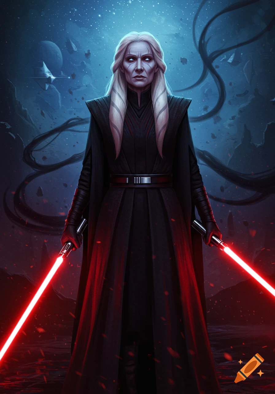A blonde female Sith Lord with white eyes holds two glowing red lightsabers in a dark, cosmic landscape with a distant planet.